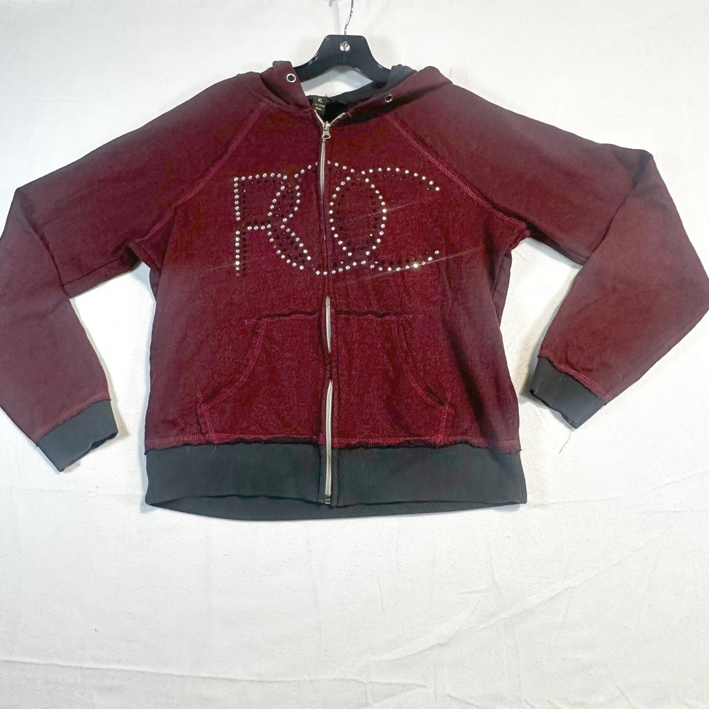 Y2K 00s Rocawear Burgundy‎ Rhinestone Zip Up Hoodie Sweatshirt Womens XL  Vtg